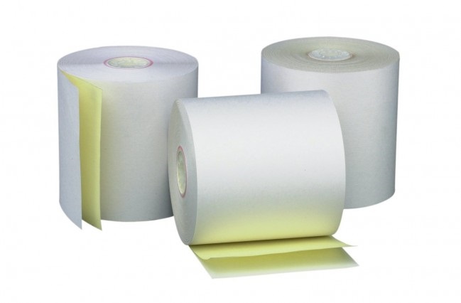 2PLY 3"*3" 50 ROLLS YELLOW & WHITE CASHIER PAPER